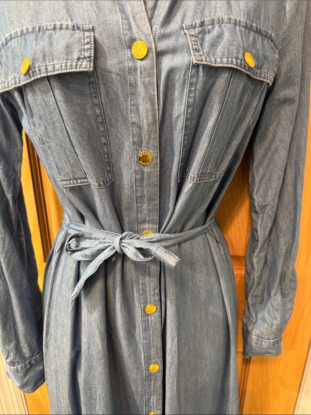 Michael Kors Light Blue Denim Maxi Shirt Dress with Gold Buttons - Picture 3 of 6
